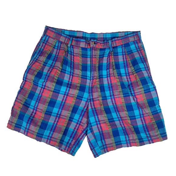 Vintage Woolrich Shorts Mens Sz 36 Madras‎ Plaid Purple Pink Blue SeerSucker - Picture 1 of 7